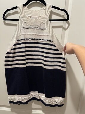 LOFT White Navy Knit Crewneck Knitted Sleeveless Sweater